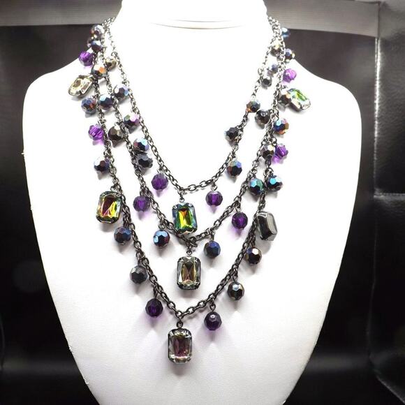 New York Iridescent Rhinestones Beads Necklace, Gunmetal Gray, 3 Strands, 20" - Picture 2 of 9